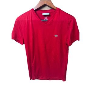 Lacoste Men's Red V-Neck T-Shirt Pima Cotton Crocodile Logo Size S